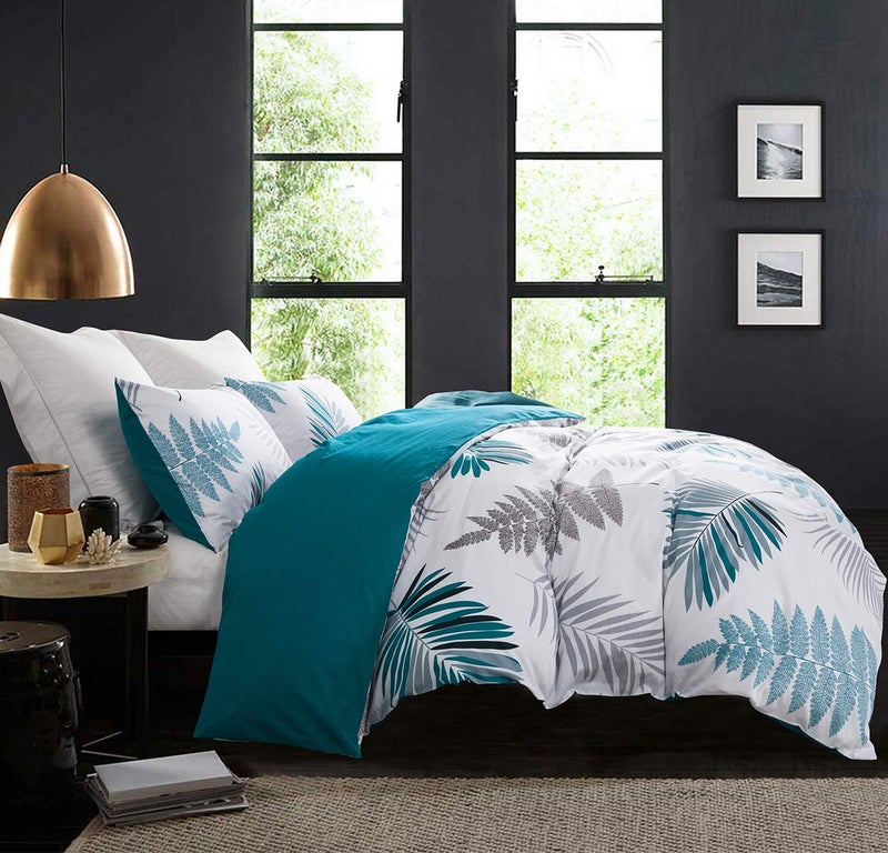SLEEPBELLA Duvet Cover Twin, 600 Thread Count Cotton Leaf Botanical Pattern Print Reversible Comforter Cover Set (Twin, Teal Blue-Leaf) - Image 1